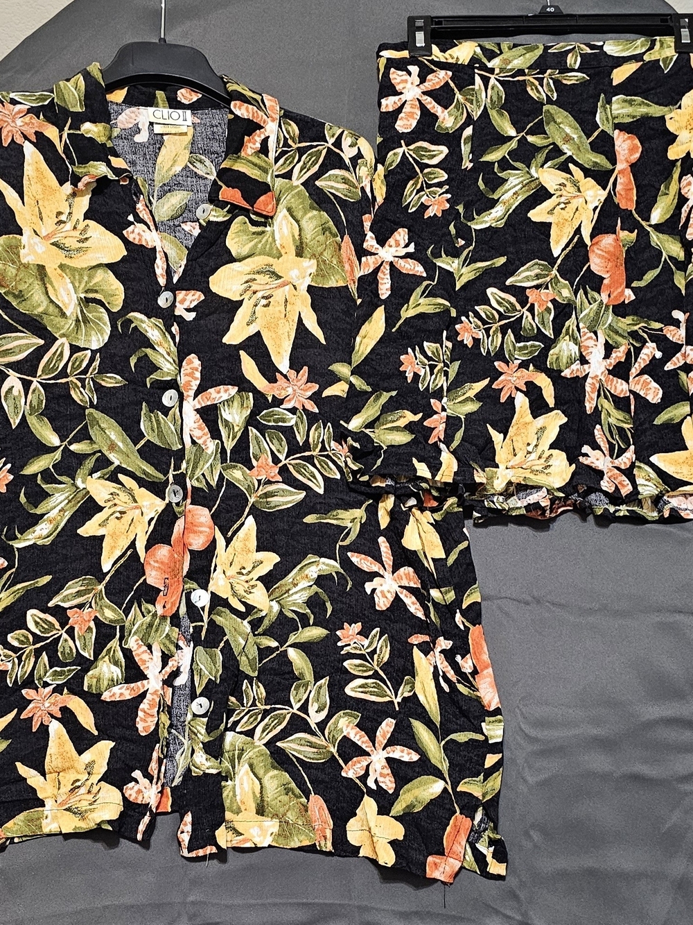 Tropical Clio Button-Down Shirt 1x and Skirt L Yellow and Green Floral Print